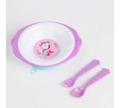 Набор детской посуды 3 предмета: тарелка на присоске, ложка и вилка, от 5 мес.
