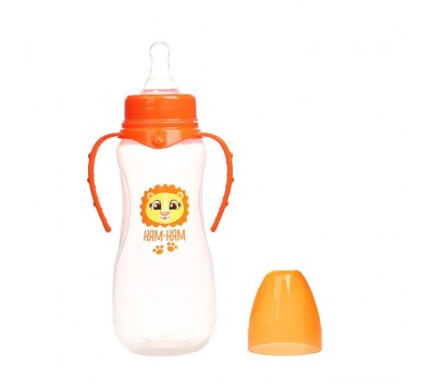 Бутылочка для кормления «Ням ням» детская приталенная, с ручками, 250 мл, от 0 мес., цвет оранжевый