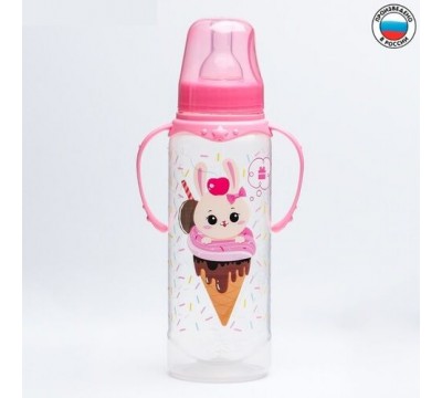 Бутылочка для кормления «Зайка» детская приталенная, с ручками, 250 мл, от 0 мес., цвет розовый