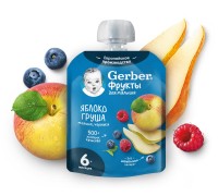 Пюре Gerber Яблоко, груша, малина, черника  90г с 6 месяцев
